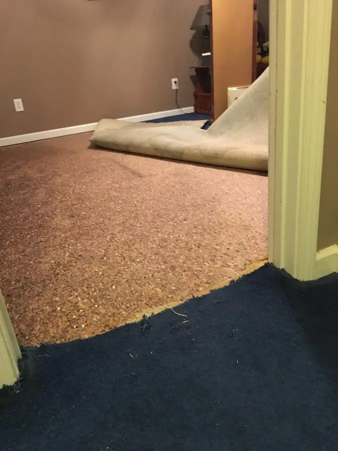 Carpet pad removal revealing water damage during Water Mitigation Services in June Park